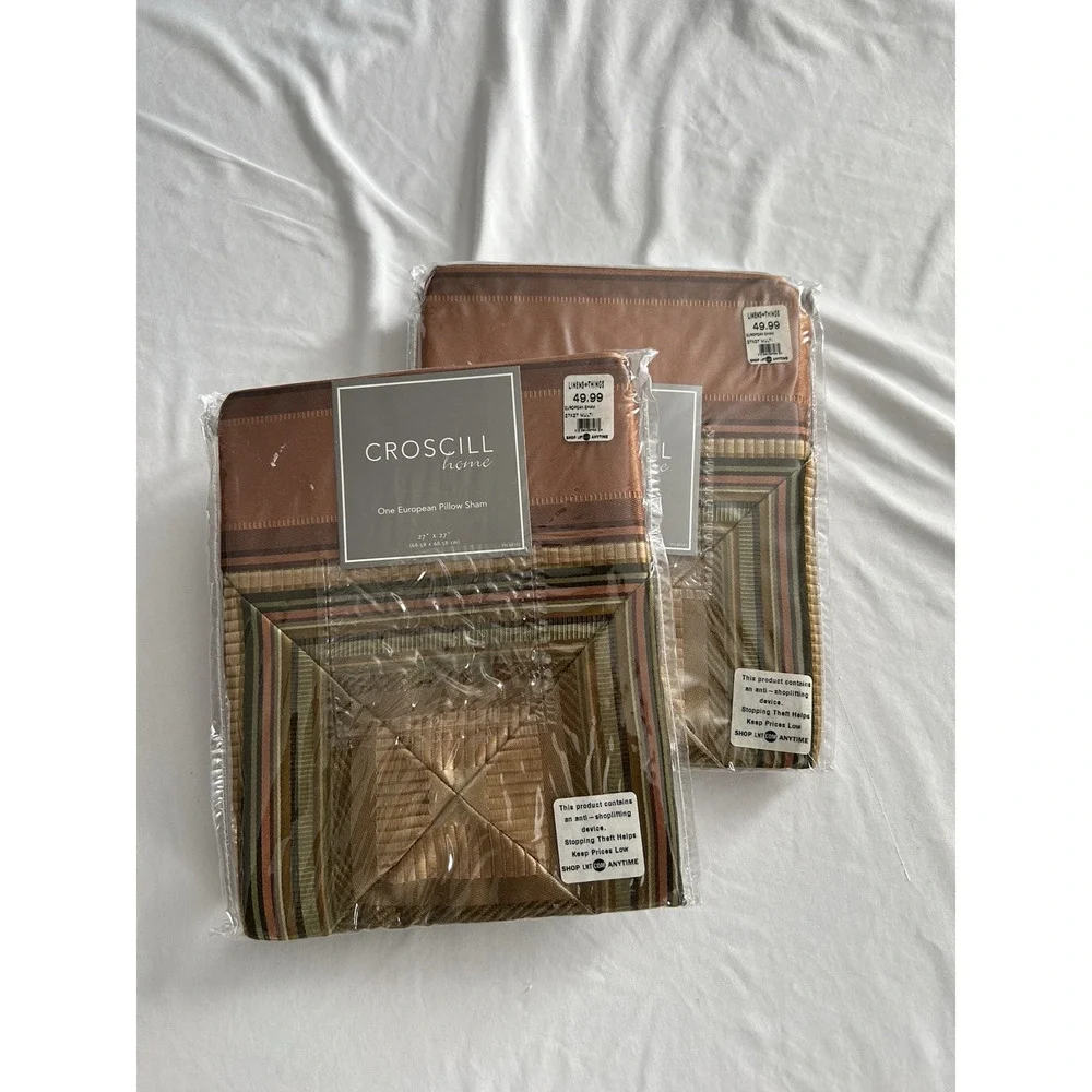 Set of 2 Croscill Carrington Stripe Euro Shams Brown Bronze 27